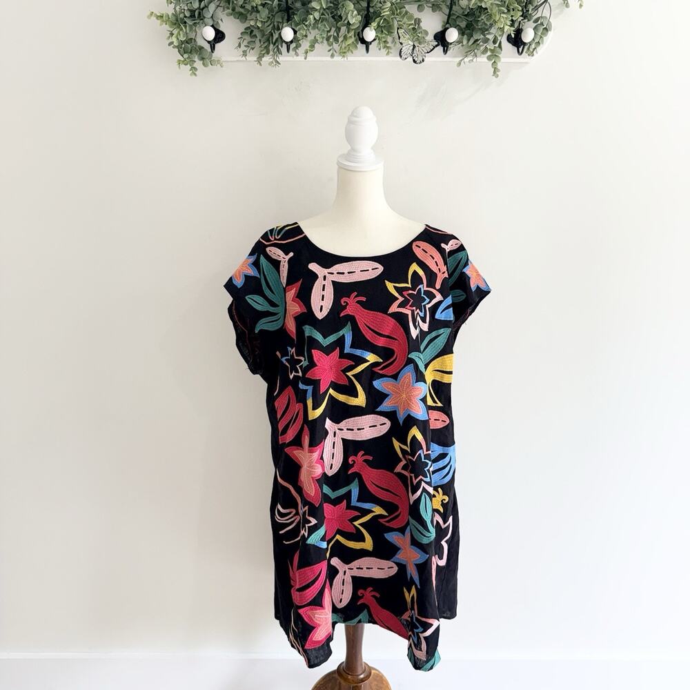 Perfectly Priscilla Vibrant Floral Embroidered Mini linen Dress Size 2X X5369
